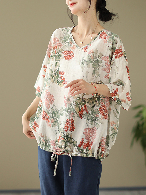T-shirt d'été ample en coton e - Short Linen Drawstring avis et prix