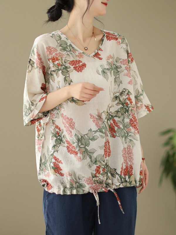 T-shirt d'été ample en coton e - Short Linen Drawstring avis et prix